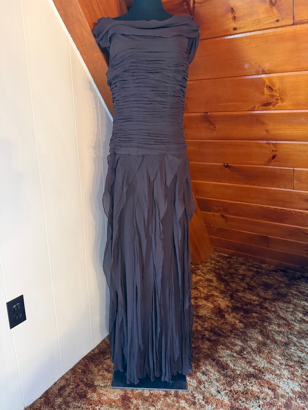 Tadashi Shoji Off-the-Shoulder Tiered Silk Chiffon Brown Gown Sz 14